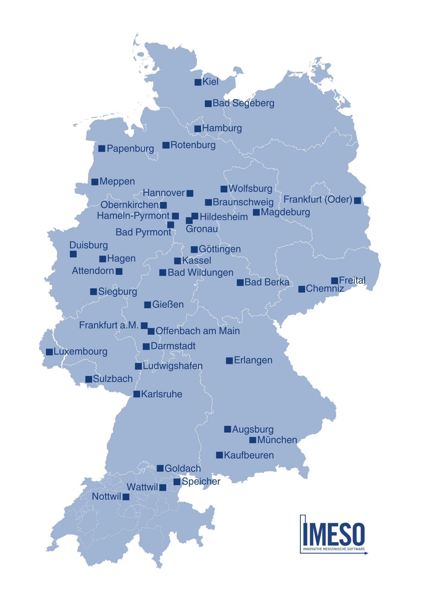 Landkarte von Deutschland und Schweiz mit eingezeichneten Kundenstandorten.